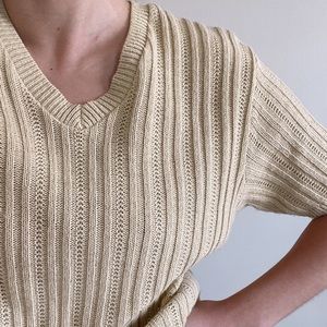 Vintage Yellow Knit Short Sleeve V-neck Top